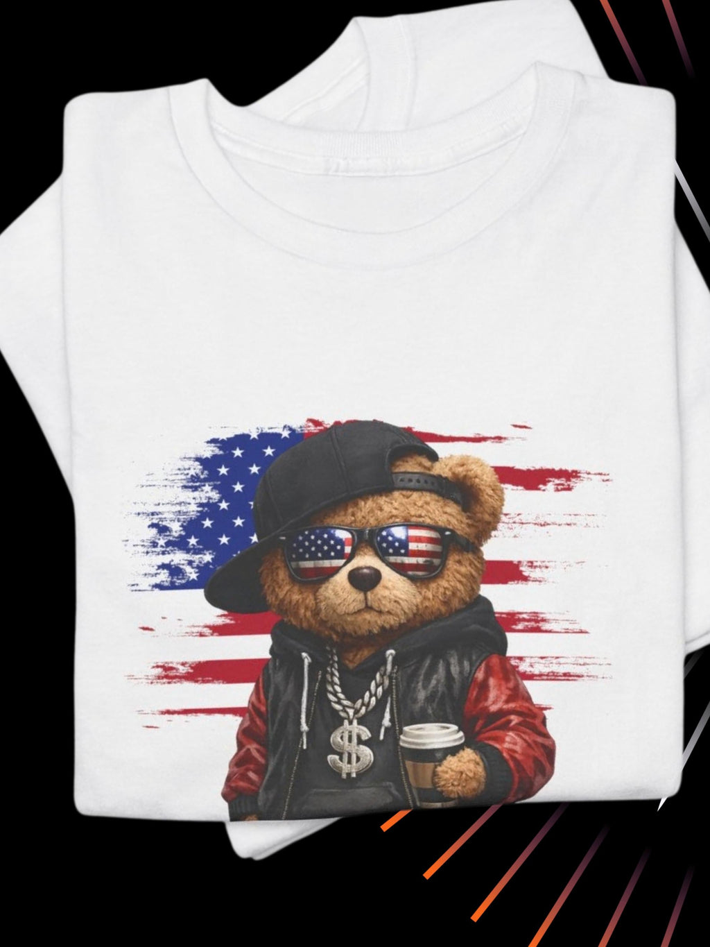 Street Style Teddy Bear T-Shirt | USA Hip Hop Graphic Tee | Urban Patriotic Apparel