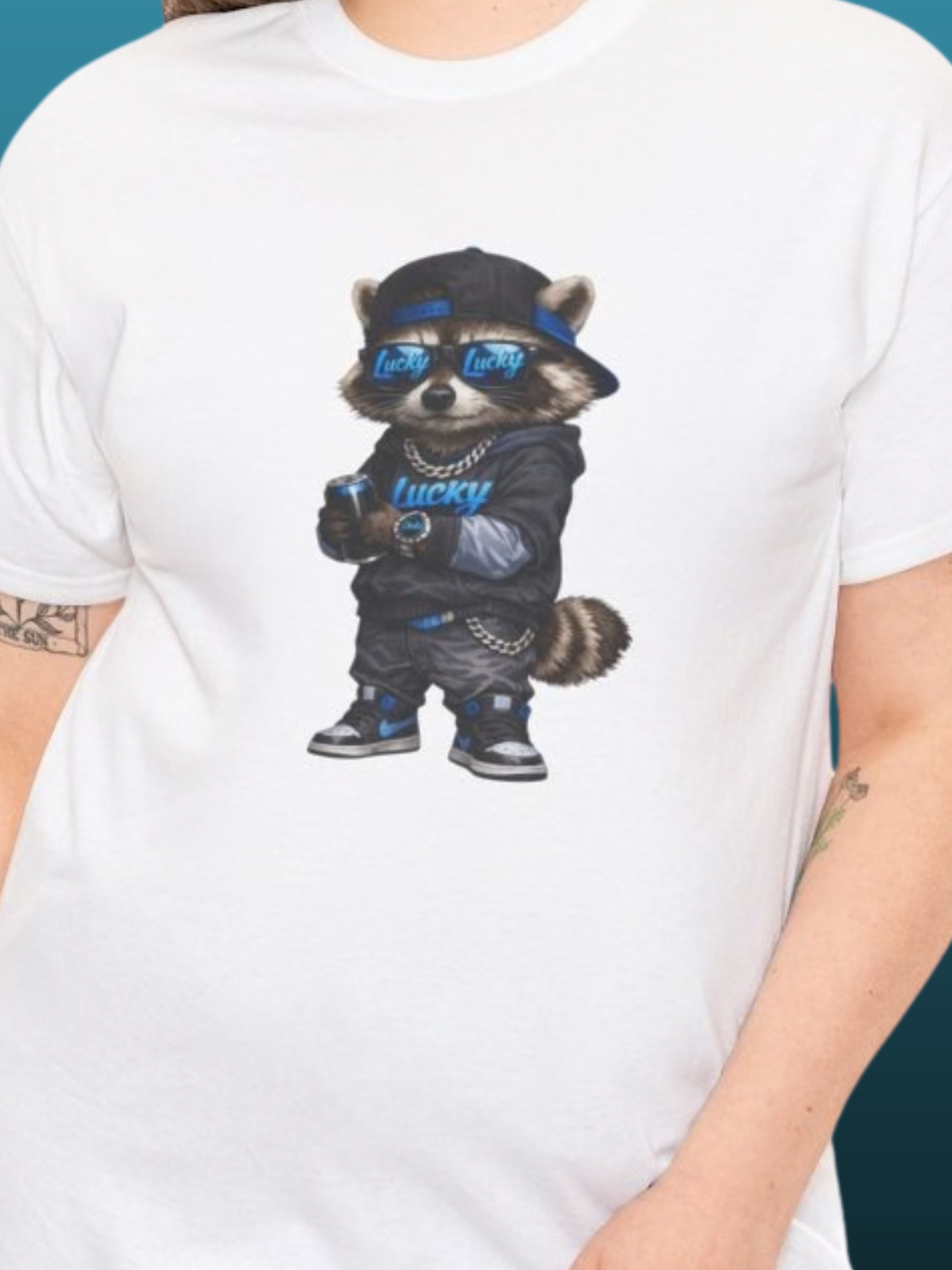 LUCKY Raccoon GROWING UP LUCKY Graphic Tee | Streetwear Cartoon Animal T-Shirt