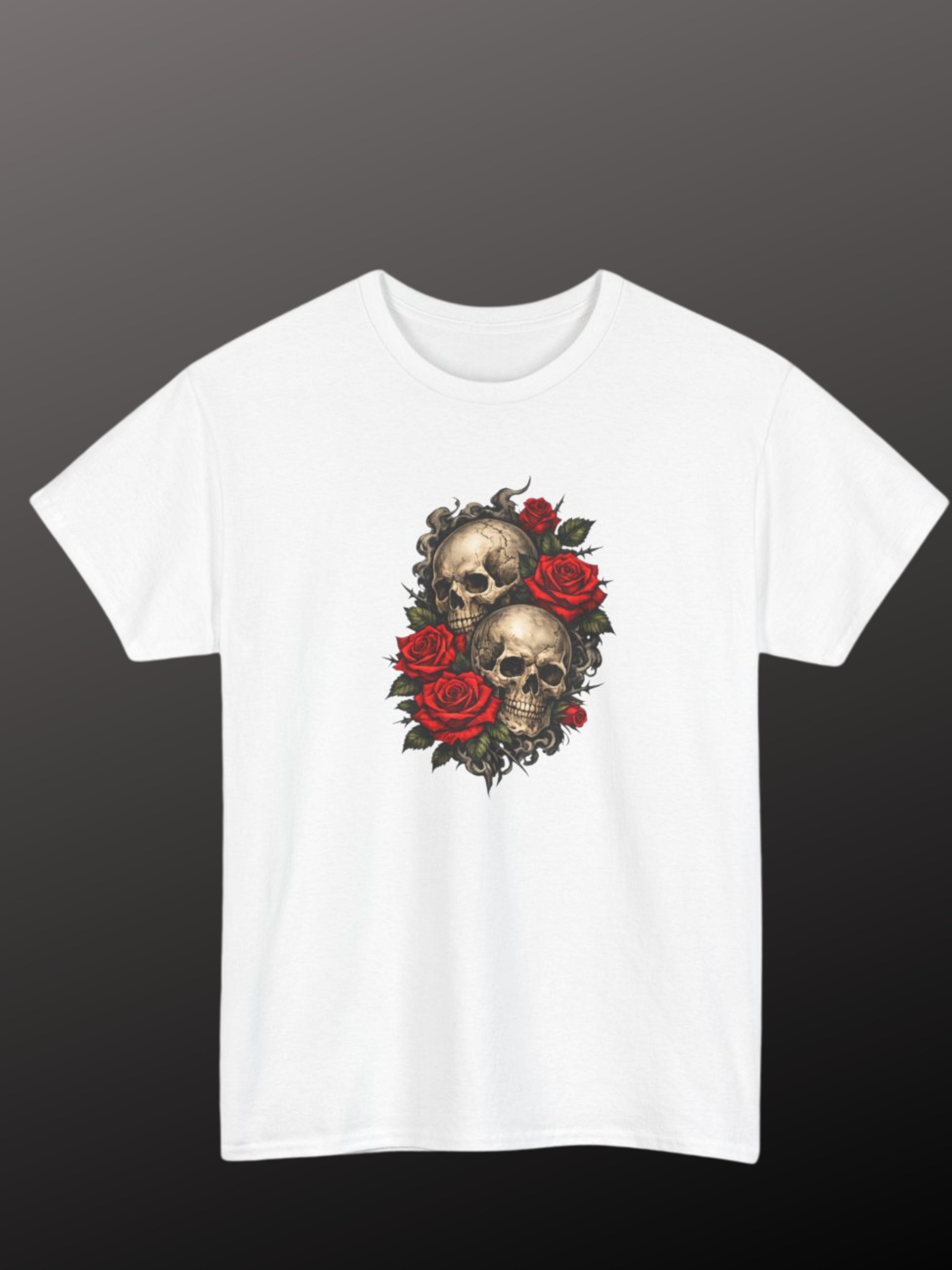 Skull & Red Roses T-Shirt | Gothic Tattoo Style Graphic Tee | Vintage Skull Floral Shirt | Unisex Streetwear