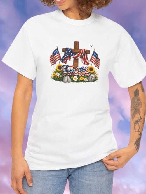 Faith American Flag Cross Shirt, Patriotic Christian Tee, God Bless USA Floral Wreath