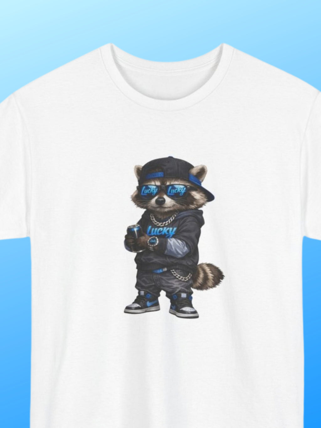 LUCKY Raccoon GROWING UP LUCKY Graphic Tee | Streetwear Cartoon Animal T-Shirt