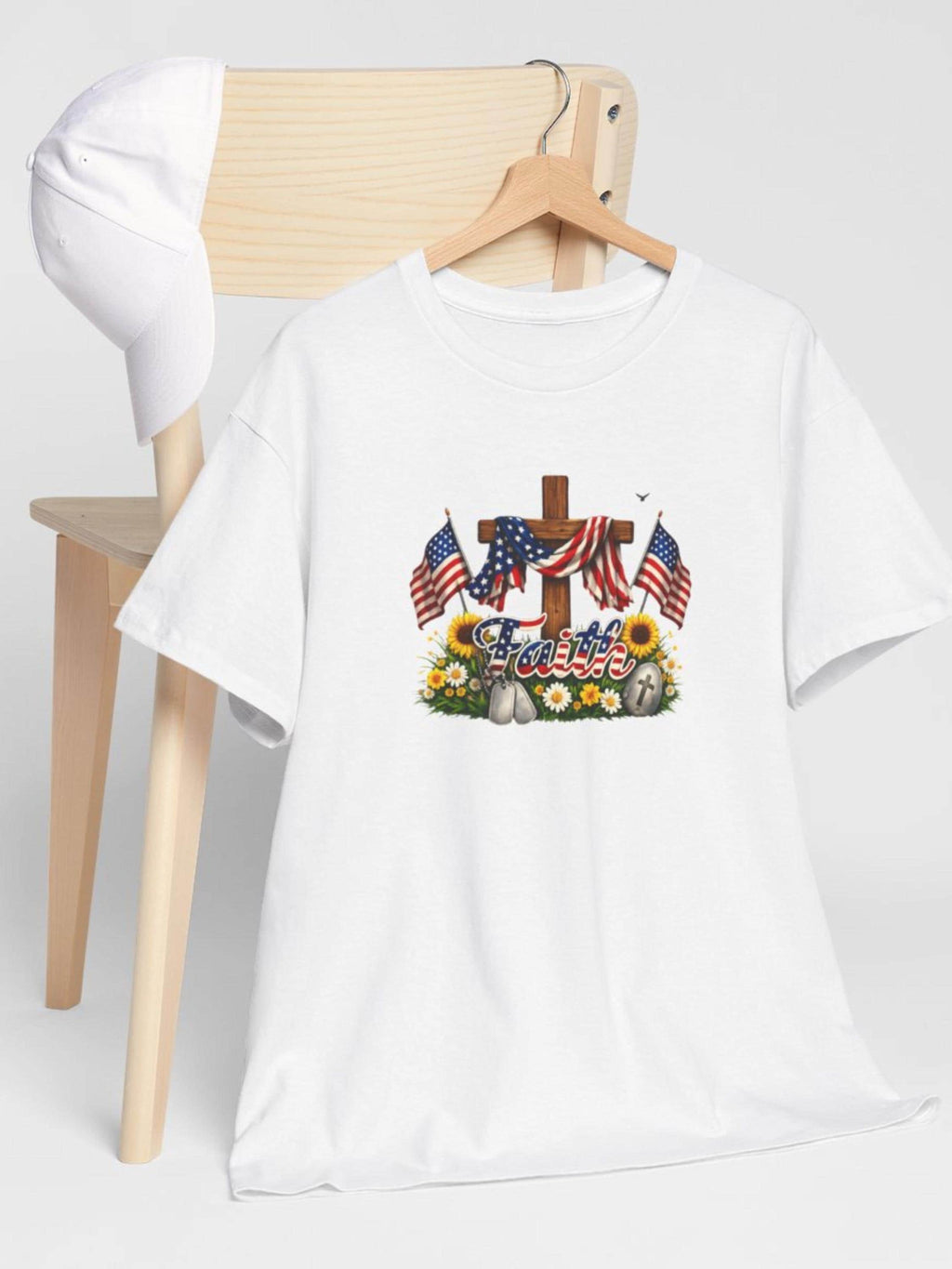 Faith American Flag Cross Shirt, Patriotic Christian Tee, God Bless USA Floral Wreath