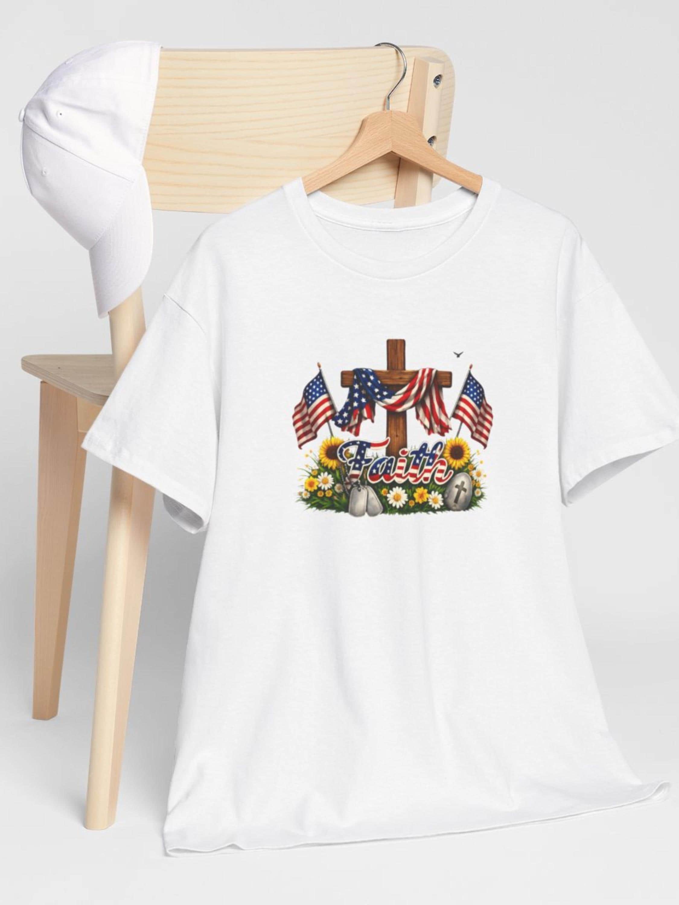Faith American Flag Cross Shirt, Patriotic Christian Tee, God Bless USA Floral Wreath