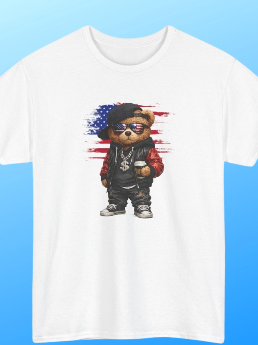 Street Style Teddy Bear T-Shirt | USA Hip Hop Graphic Tee | Urban Patriotic Apparel