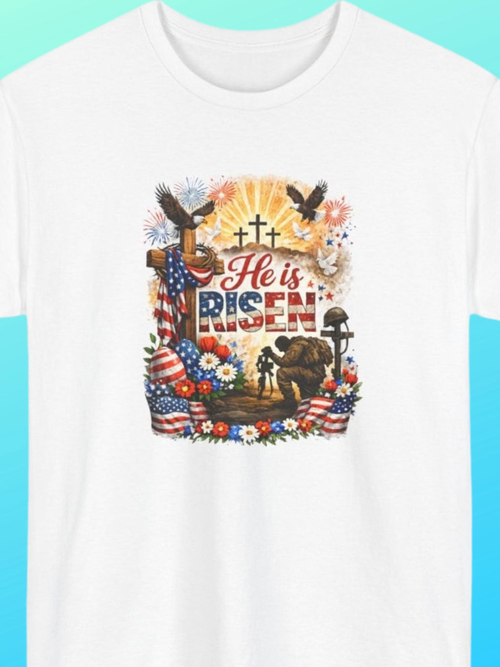 He Is Risen Patriotic Christian T-Shirt | Faith Freedom USA Cross Tee