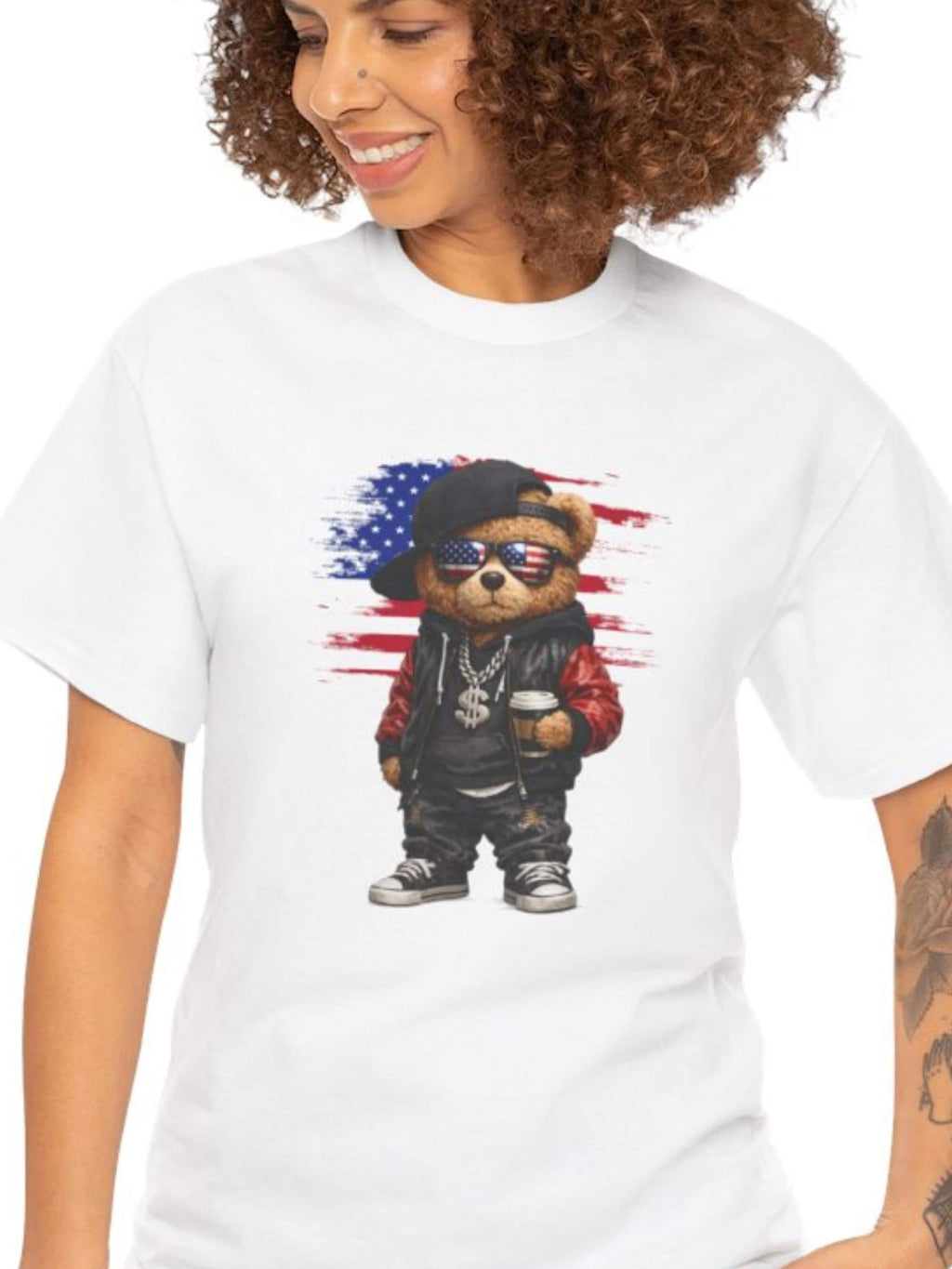 Street Style Teddy Bear T-Shirt | USA Hip Hop Graphic Tee | Urban Patriotic Apparel