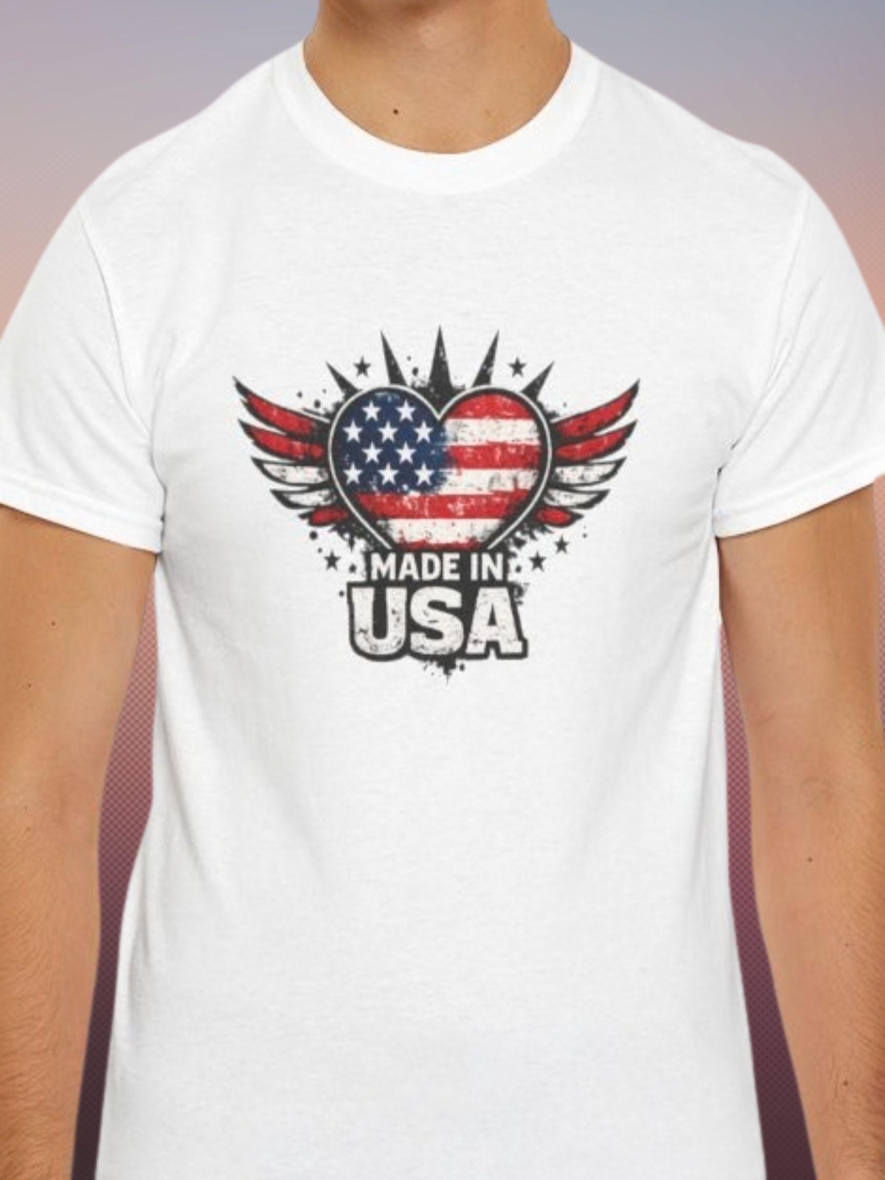 Made in USA Heart with Wings T-Shirt | American Flag Patriotic Tee