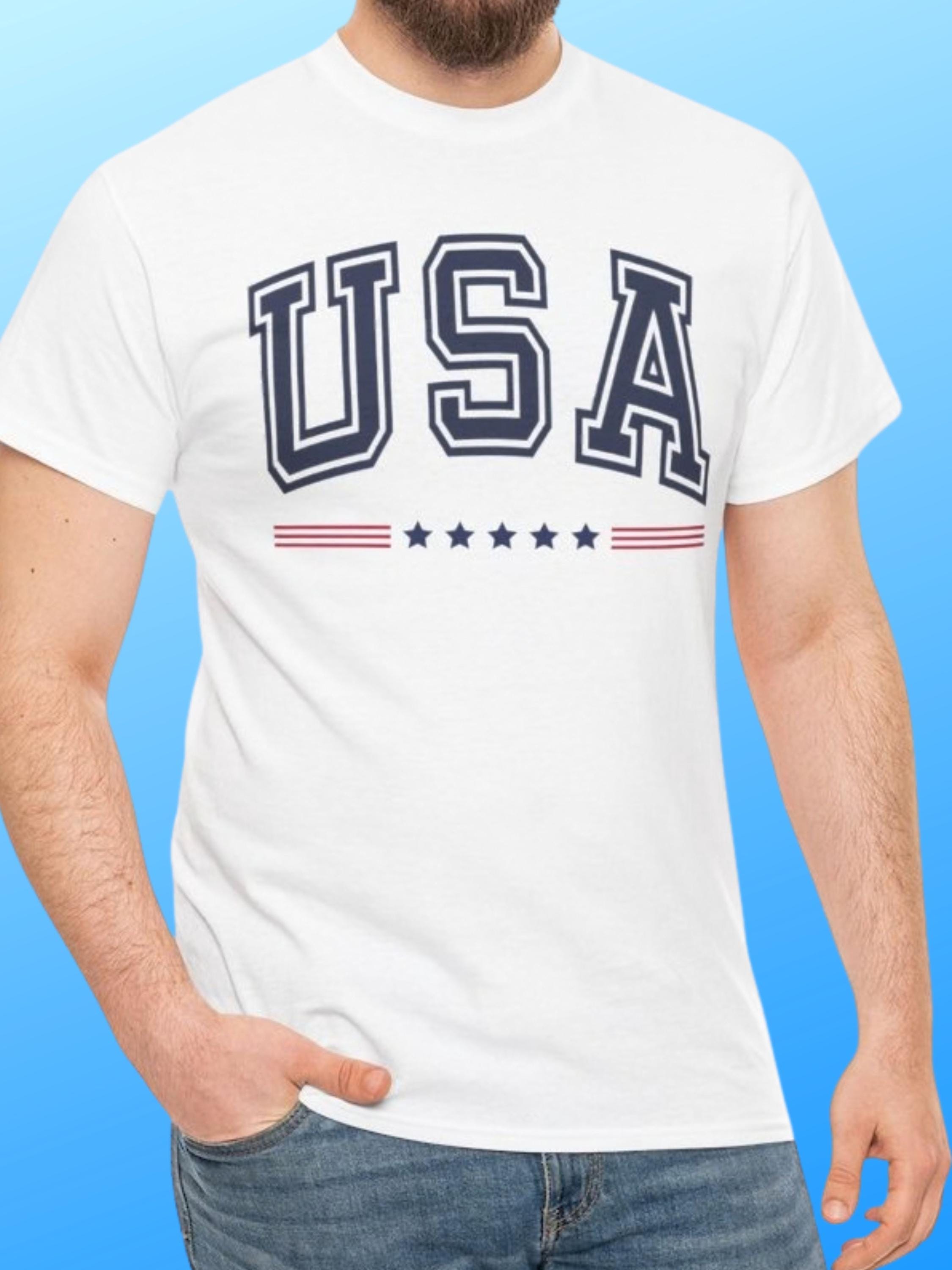 USA Graphic T-Shirt | Varsity Stars Stripes Patriotic Tee | Unisex Cotton Blend