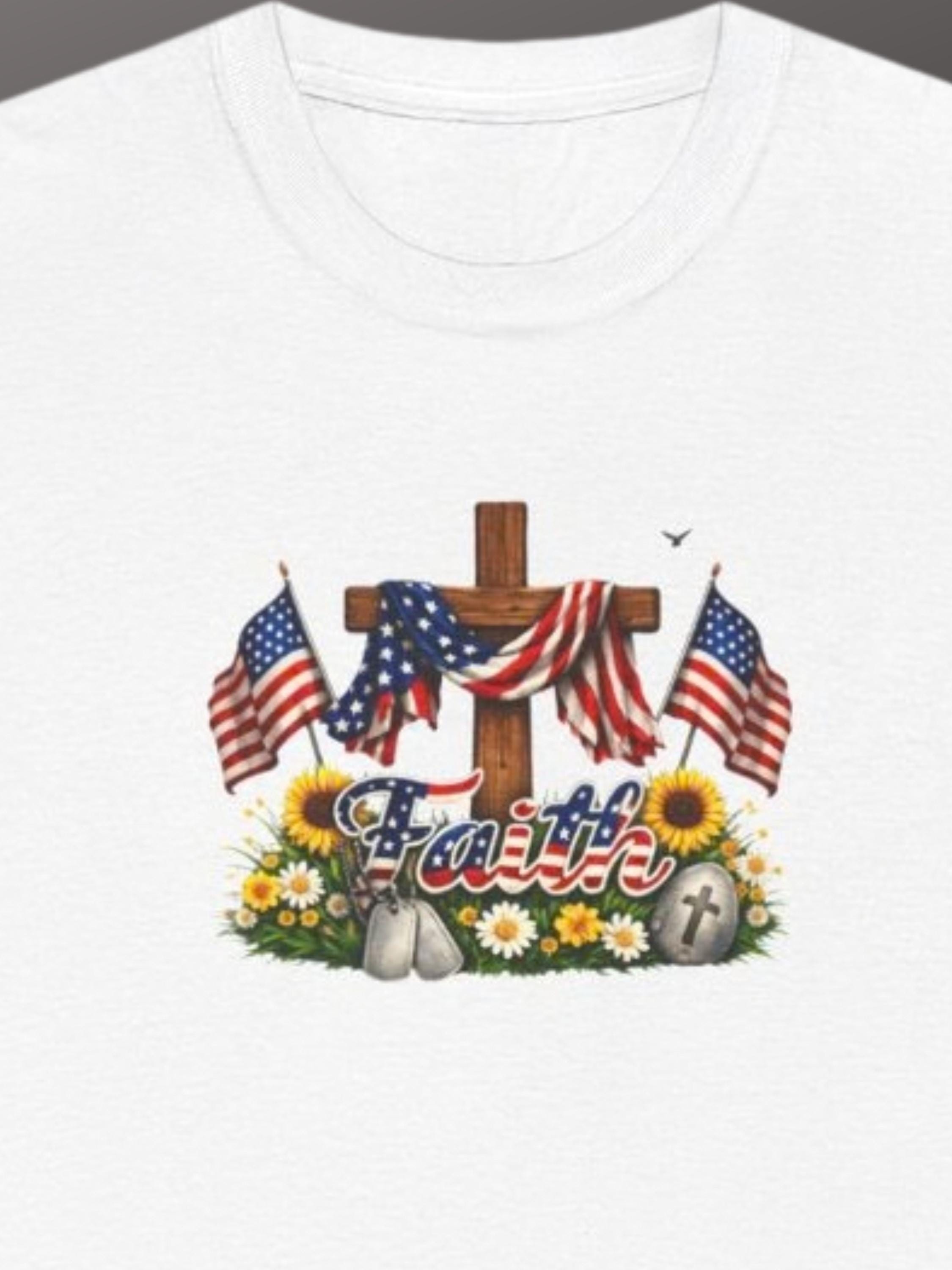 Faith American Flag Cross Shirt, Patriotic Christian Tee, God Bless USA Floral Wreath