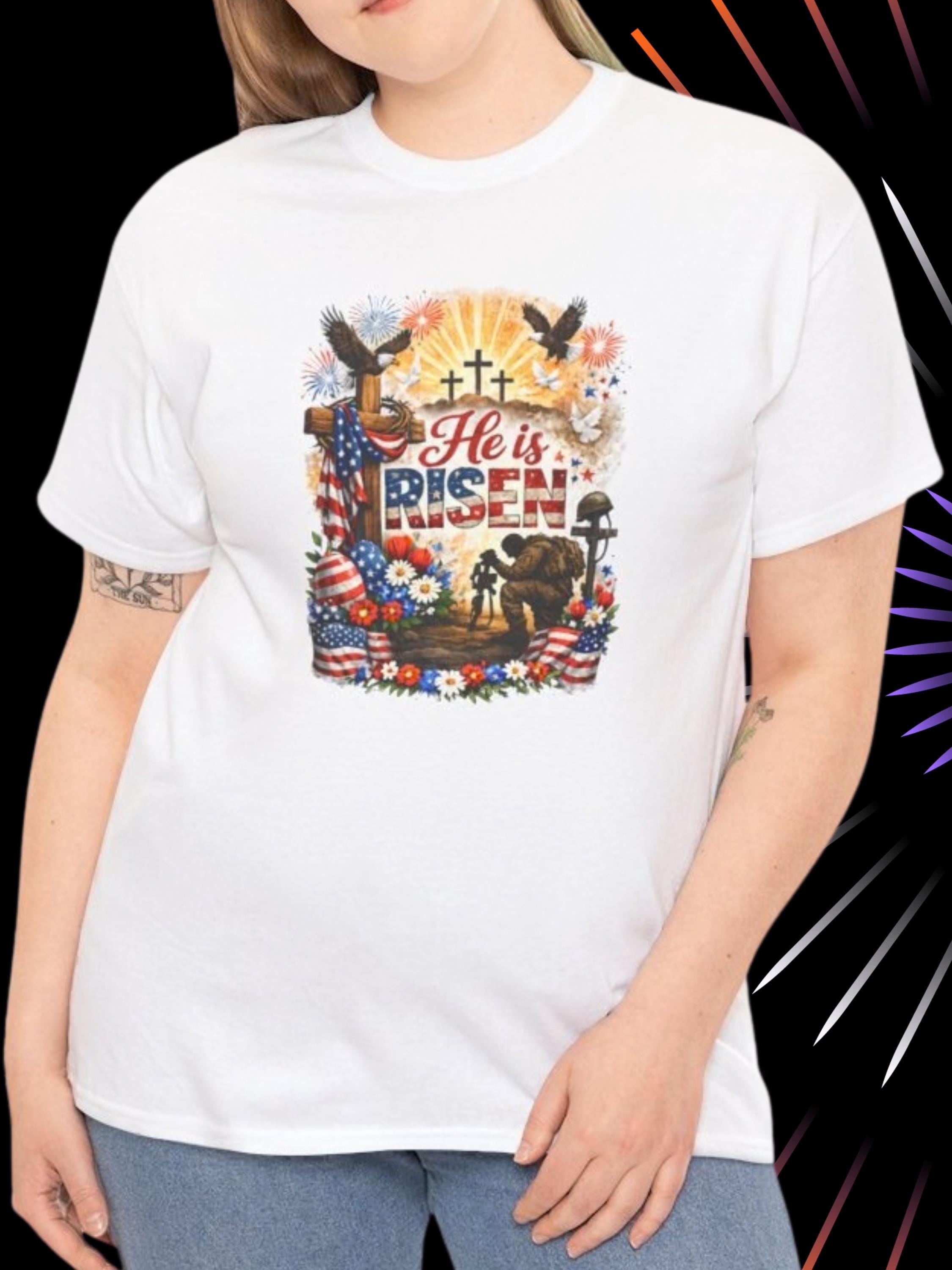 He Is Risen Patriotic Christian T-Shirt | Faith Freedom USA Cross Tee