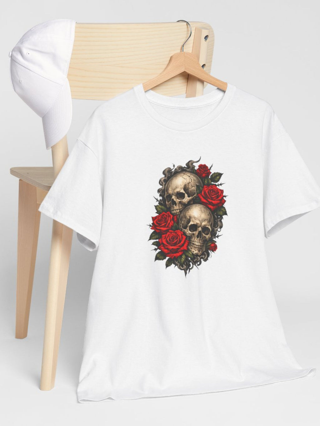 Skull & Red Roses T-Shirt | Gothic Tattoo Style Graphic Tee | Vintage Skull Floral Shirt | Unisex Streetwear