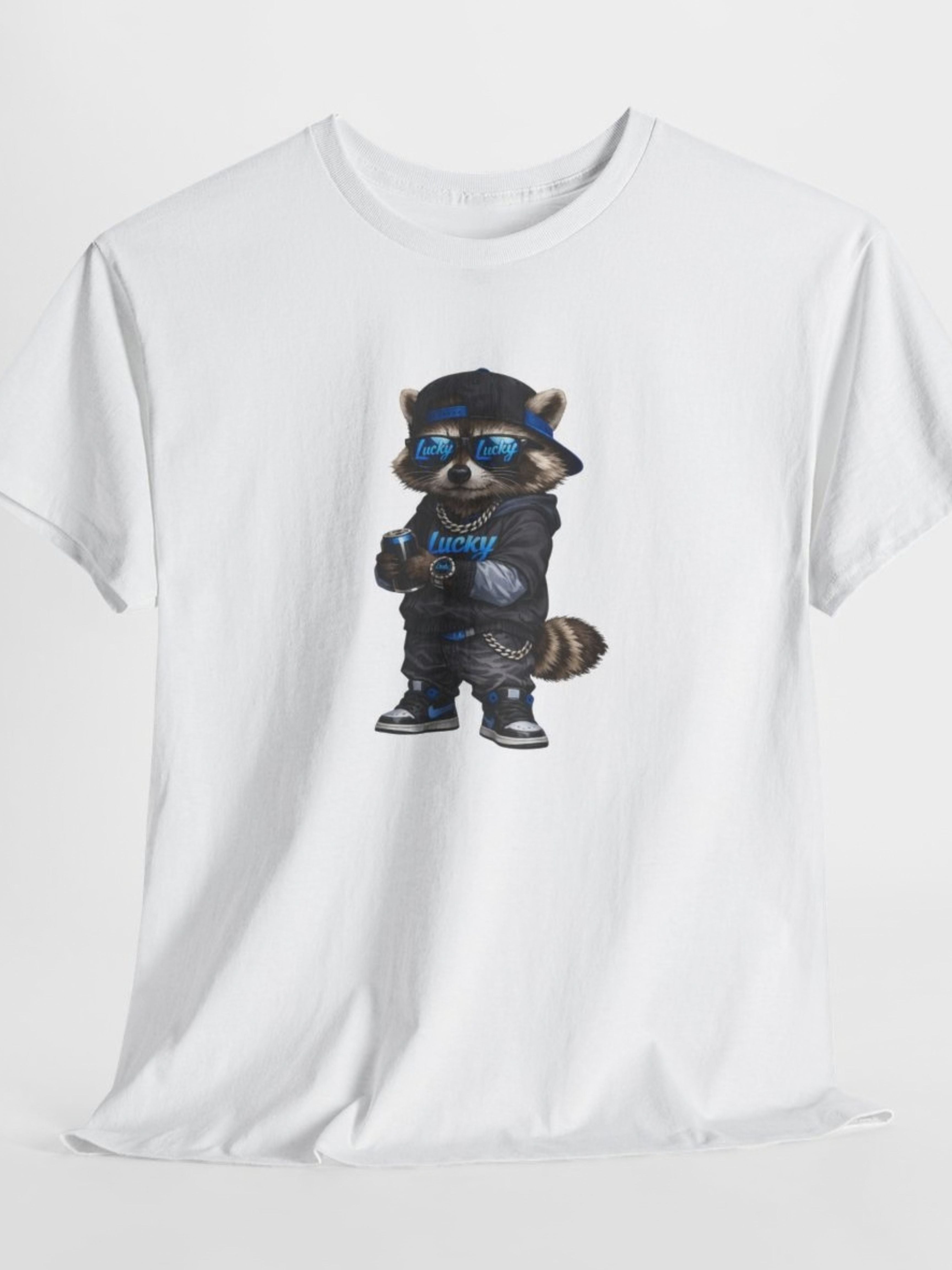 LUCKY Raccoon GROWING UP LUCKY Graphic Tee | Streetwear Cartoon Animal T-Shirt