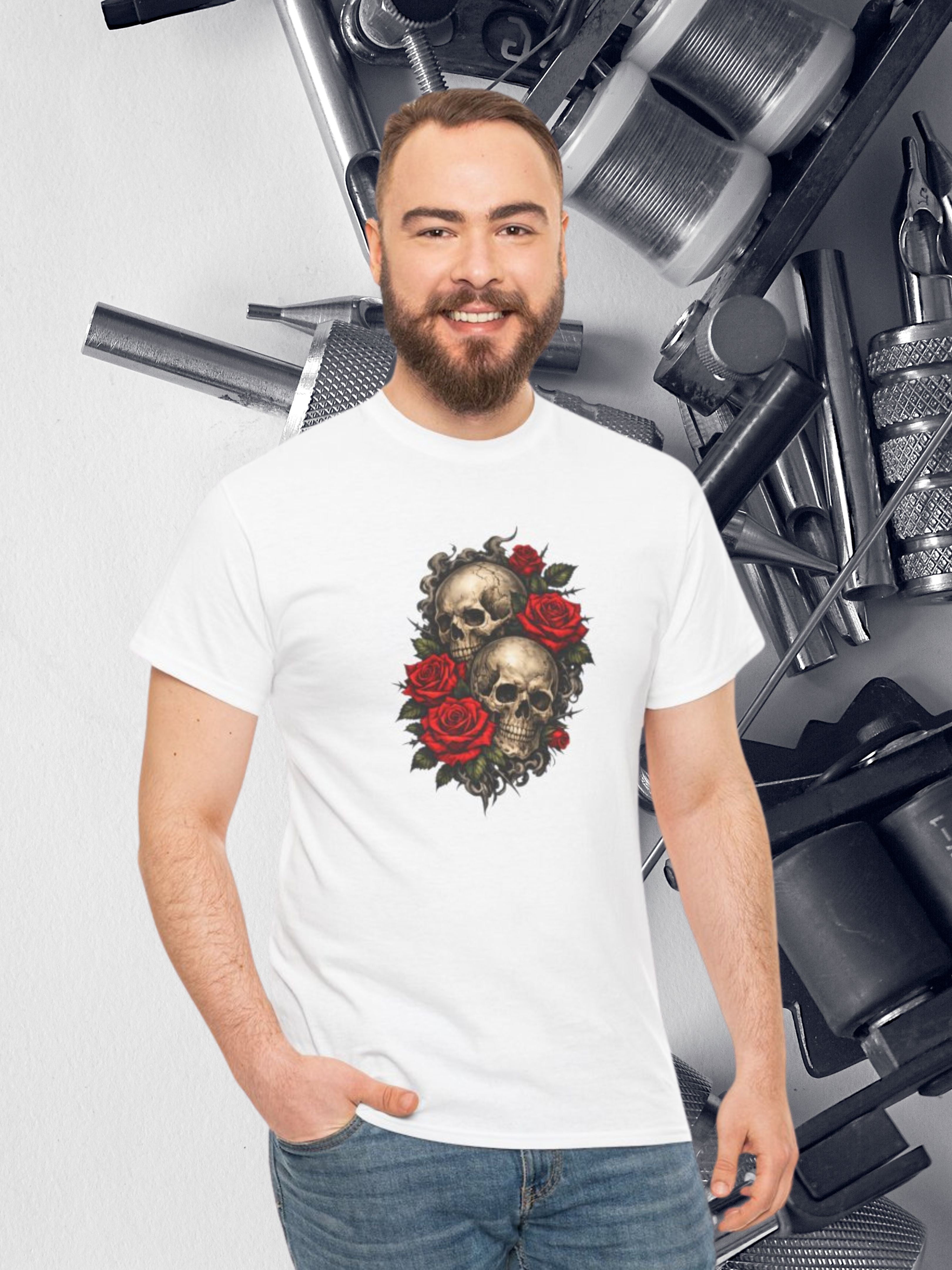 Skull & Red Roses T-Shirt | Gothic Tattoo Style Graphic Tee | Vintage Skull Floral Shirt | Unisex Streetwear
