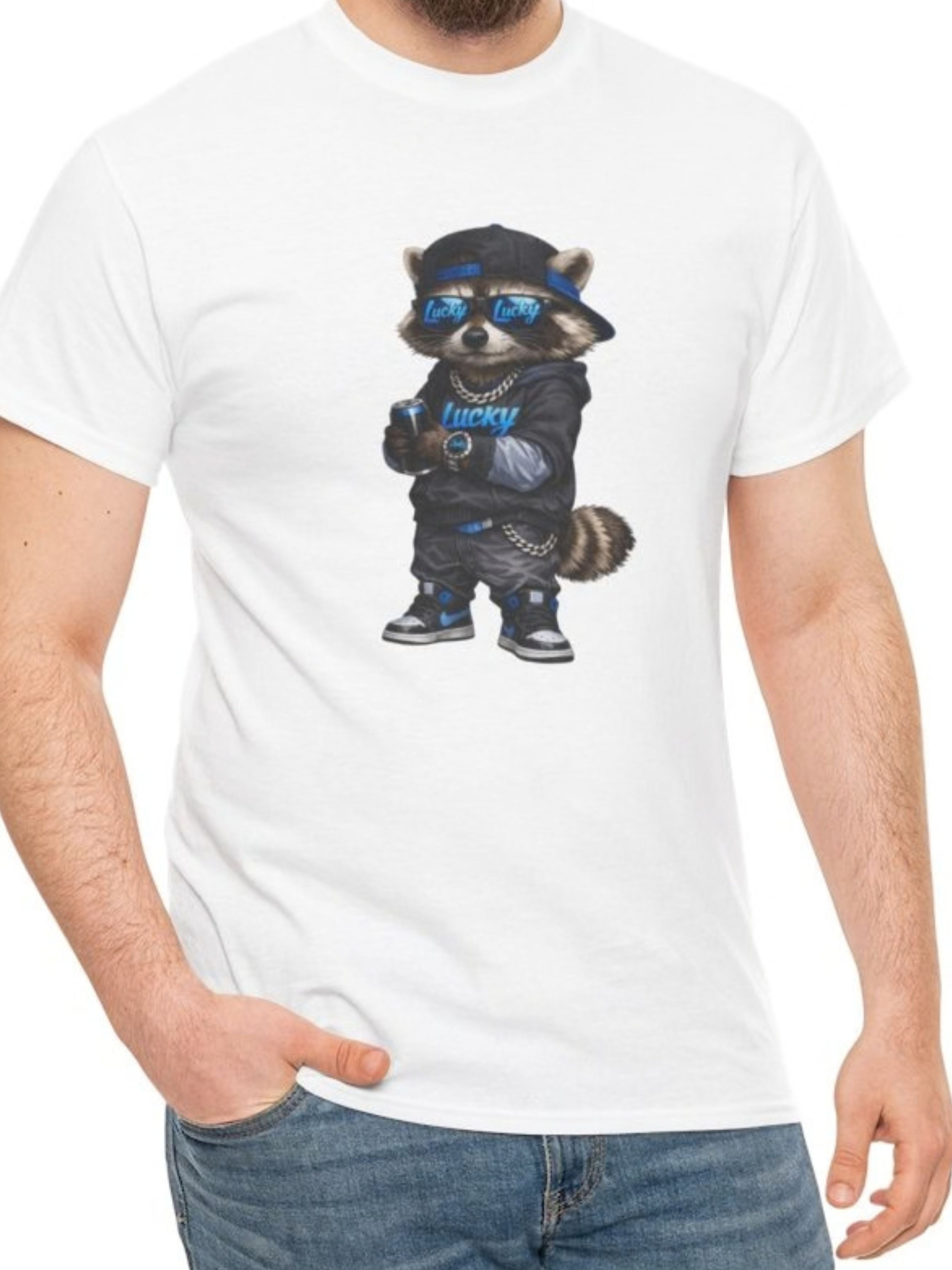 LUCKY Raccoon GROWING UP LUCKY Graphic Tee | Streetwear Cartoon Animal T-Shirt