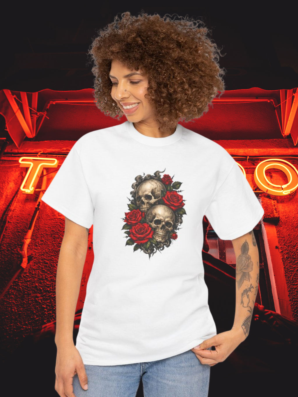Skull & Red Roses T-Shirt | Gothic Tattoo Style Graphic Tee | Vintage Skull Floral Shirt | Unisex Streetwear