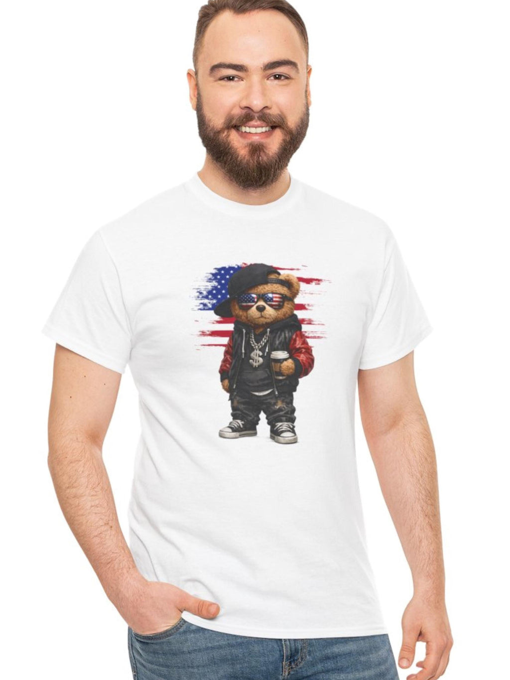 Street Style Teddy Bear T-Shirt | USA Hip Hop Graphic Tee | Urban Patriotic Apparel