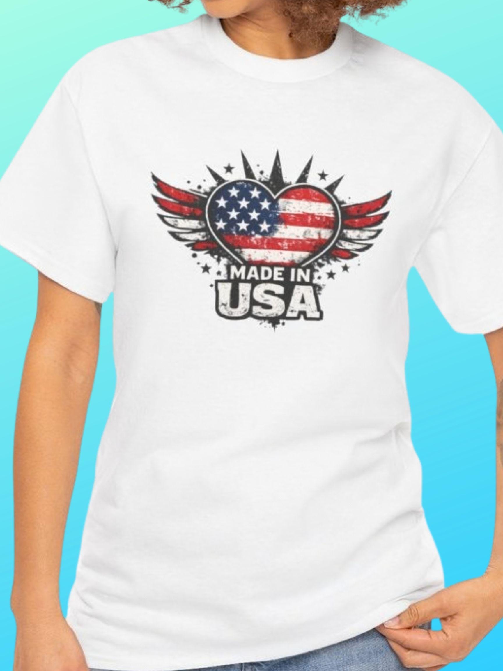 Made in USA Heart with Wings T-Shirt | American Flag Patriotic Tee