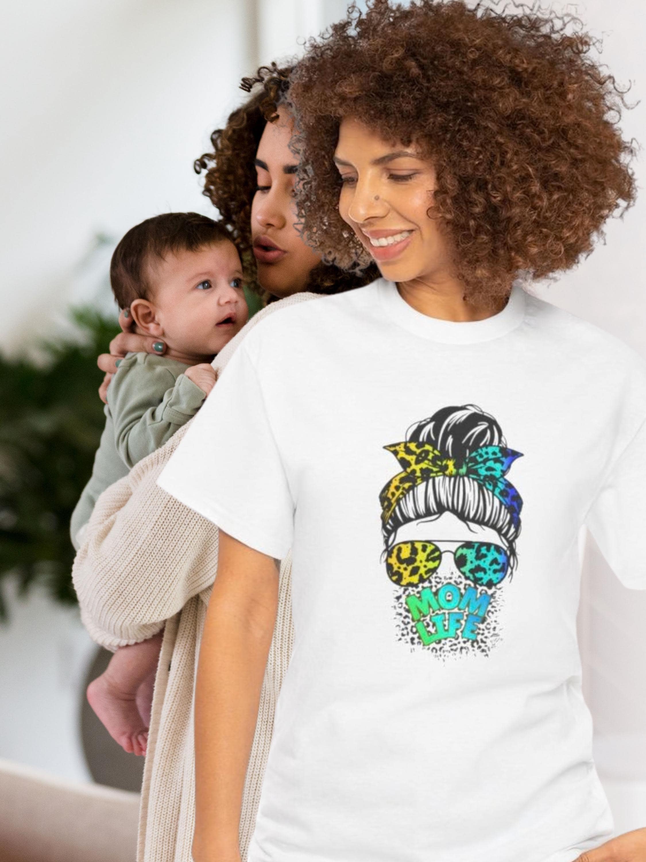 Mom Life Cheetah Print Tee | Floral Sugar Skull, Messy Bun