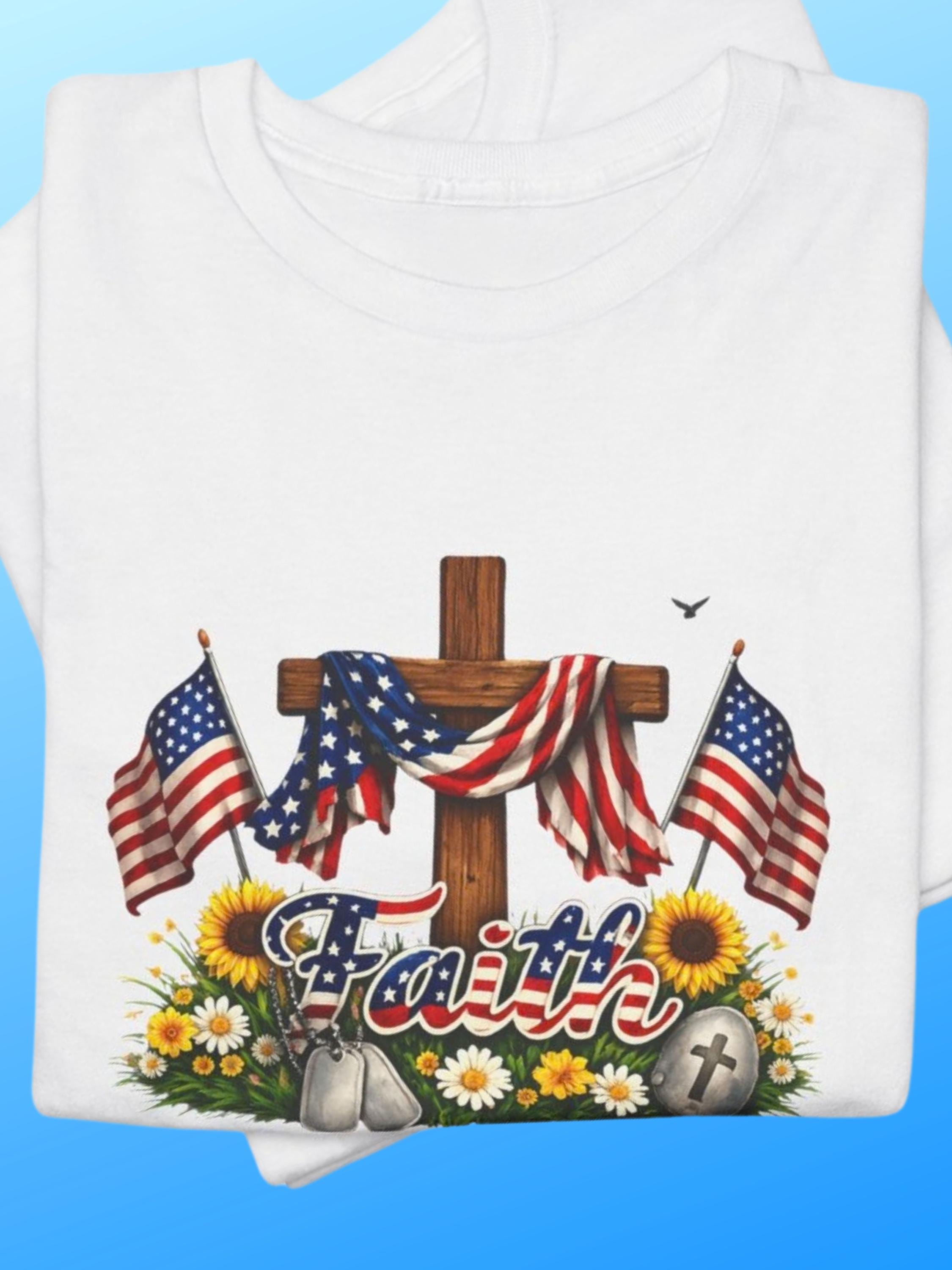 Faith American Flag Cross Shirt, Patriotic Christian Tee, God Bless USA Floral Wreath