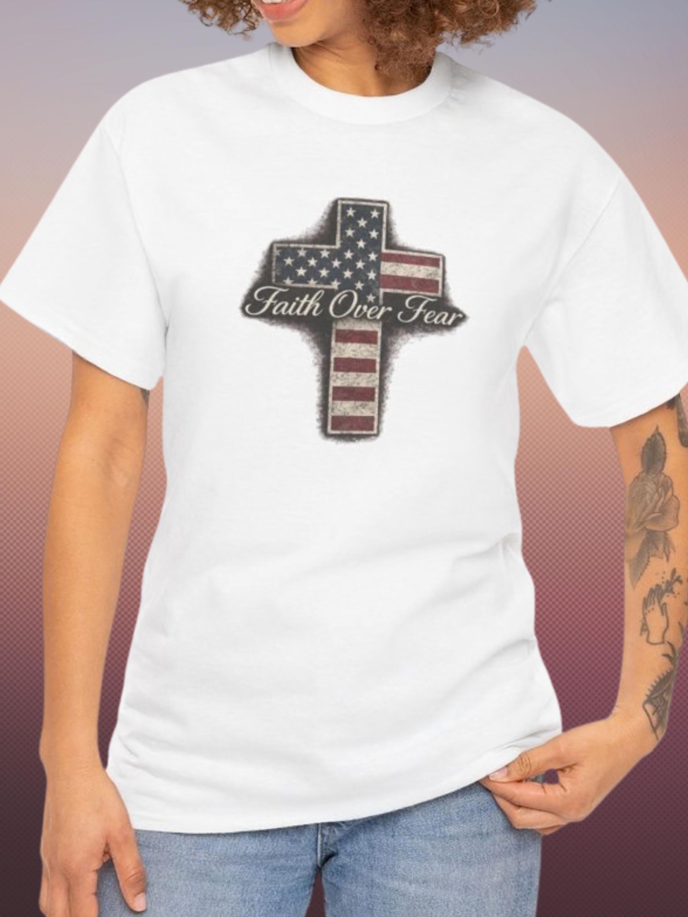 Faith Over Fear American Flag Cross T-Shirt, Distressed Christian Apparel