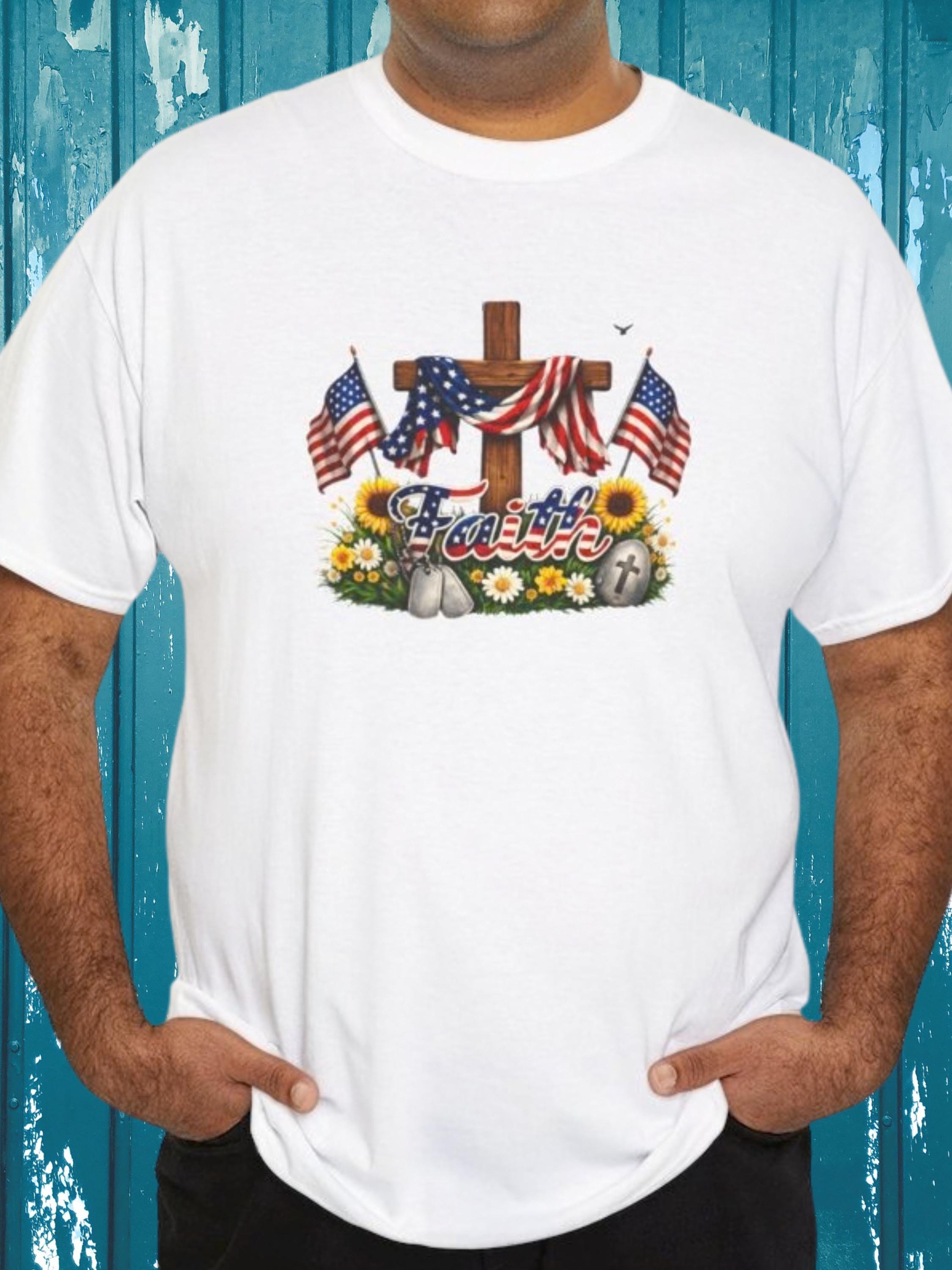 Faith American Flag Cross Shirt, Patriotic Christian Tee, God Bless USA Floral Wreath