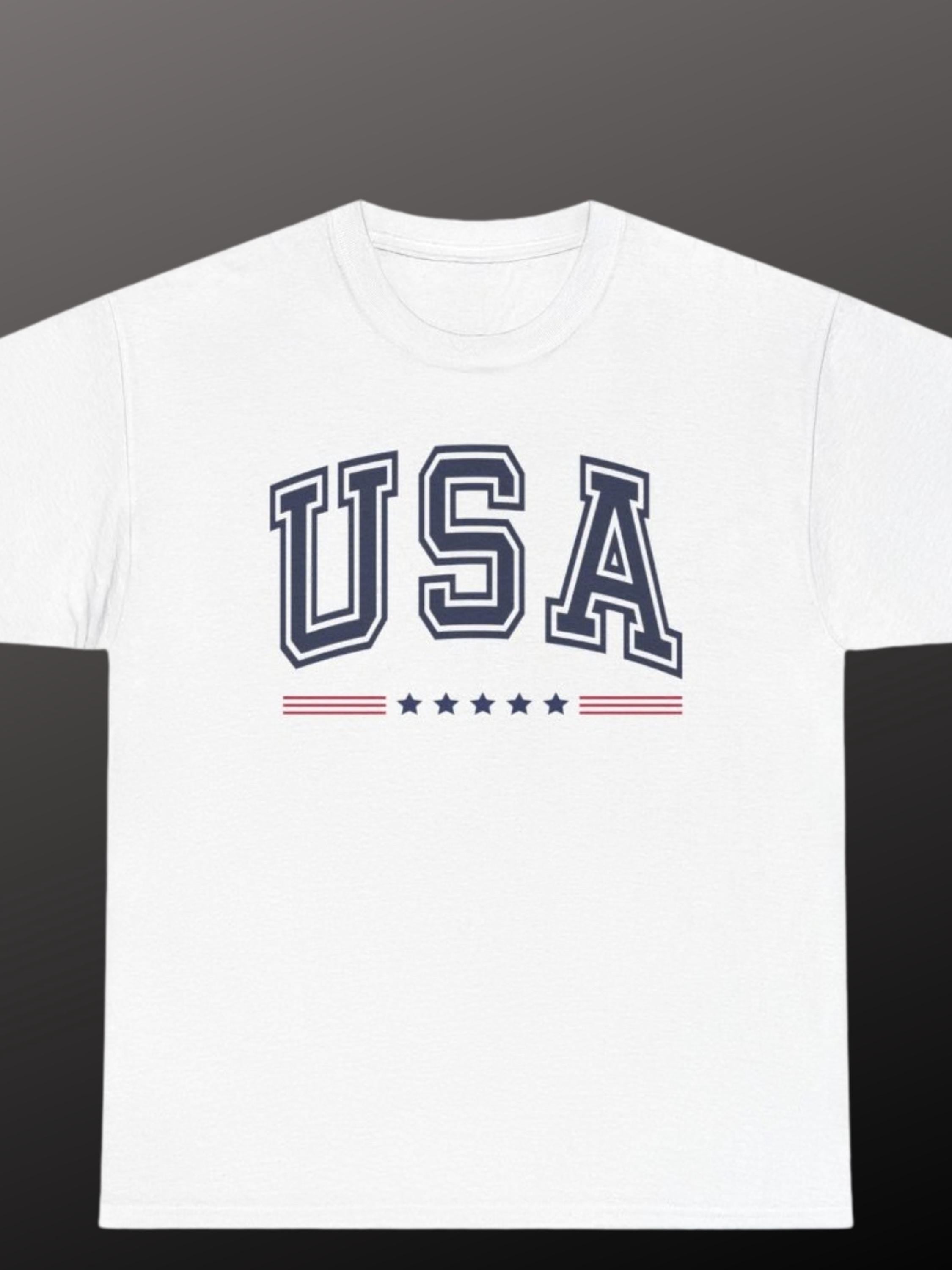 USA Graphic T-Shirt | Varsity Stars Stripes Patriotic Tee | Unisex Cotton Blend