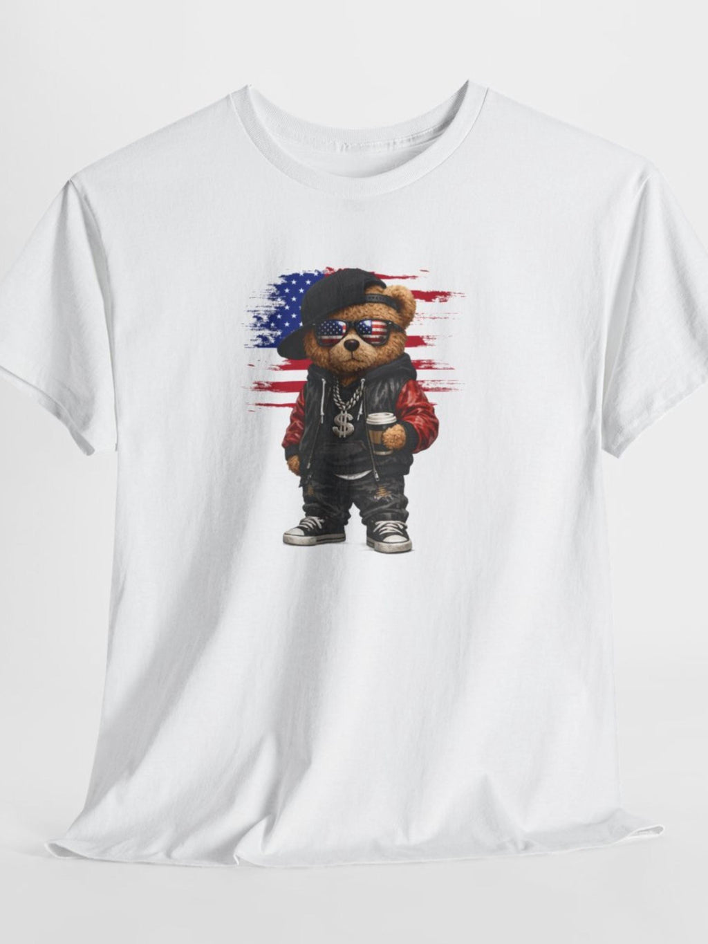 Street Style Teddy Bear T-Shirt | USA Hip Hop Graphic Tee | Urban Patriotic Apparel