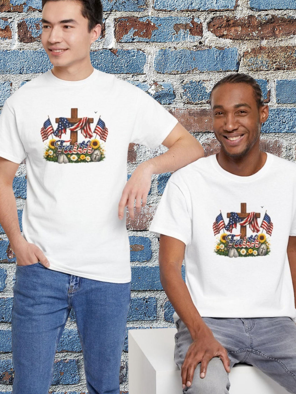 Faith American Flag Cross Shirt, Patriotic Christian Tee, God Bless USA Floral Wreath