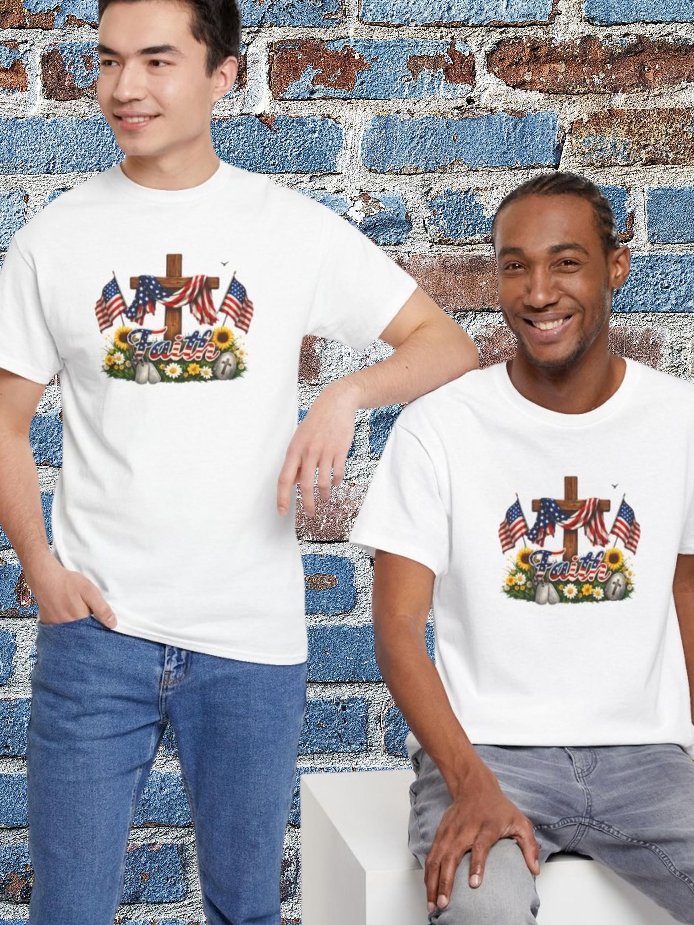Faith American Flag Cross Shirt, Patriotic Christian Tee, God Bless USA Floral Wreath
