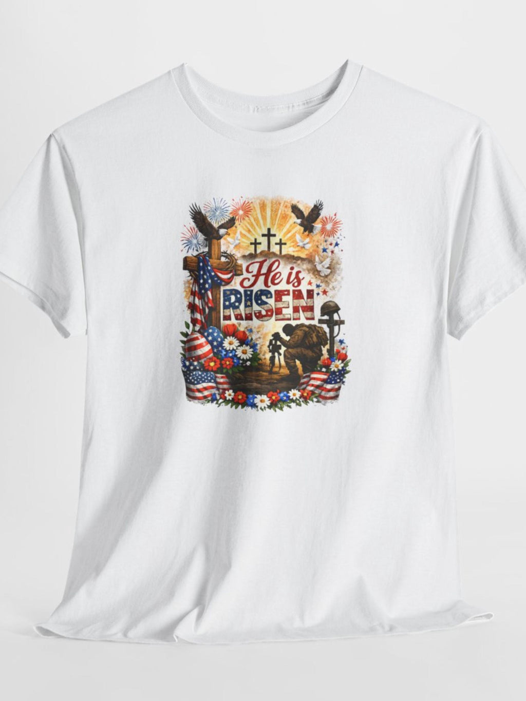He Is Risen Patriotic Christian T-Shirt | Faith Freedom USA Cross Tee