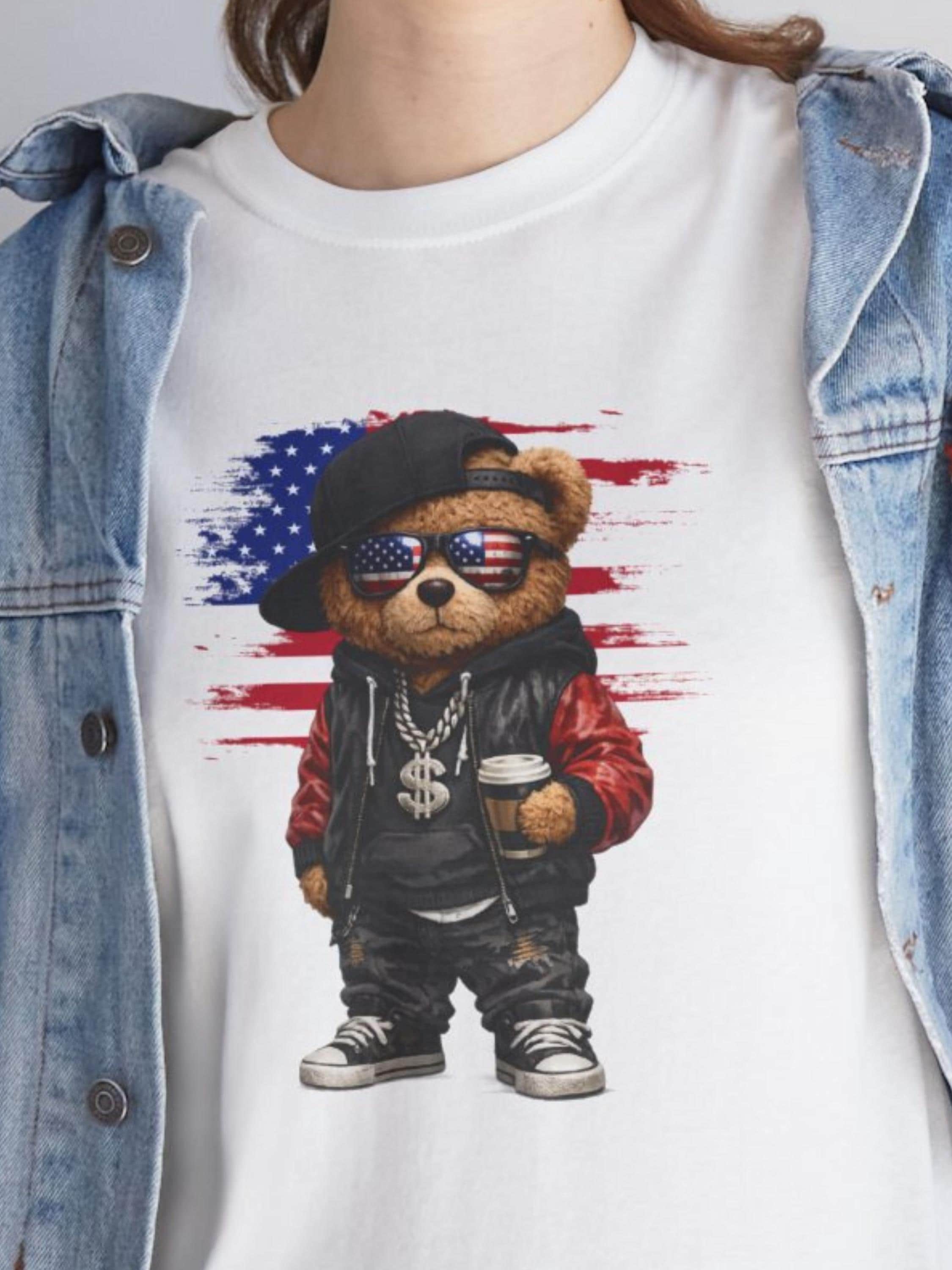 Street Style Teddy Bear T-Shirt | USA Hip Hop Graphic Tee | Urban Patriotic Apparel