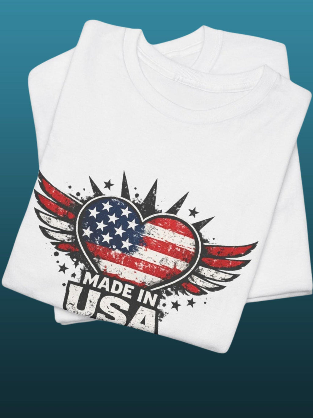 Made in USA Heart with Wings T-Shirt | American Flag Patriotic Tee